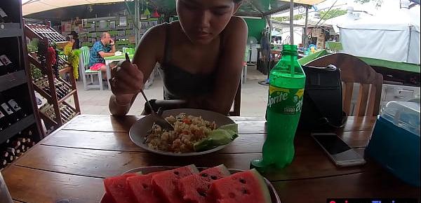 Petite amateur Asian teen with her boyfriend out for lunch